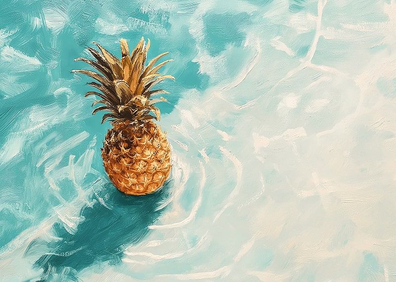 Un afiș cu un ananas auriu plutind pe apă limpede-12