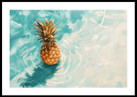 A poster of a golden pineapple floating on crystal clear water-0