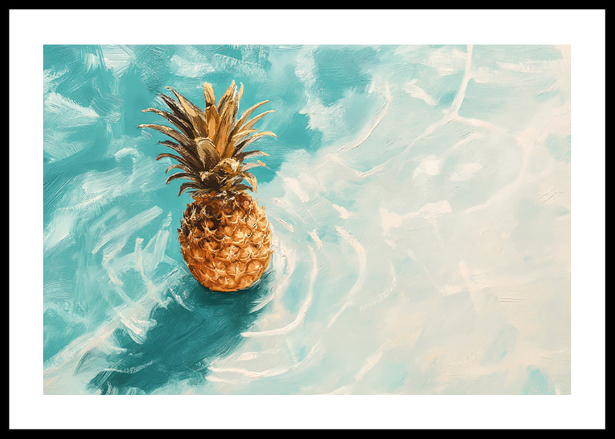 A poster of a golden pineapple floating on crystal clear water-12