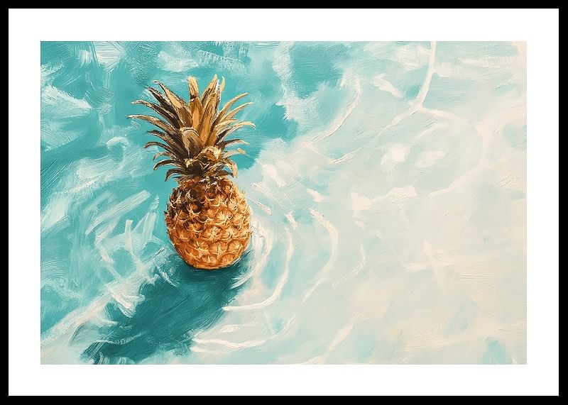 Un afiș cu un ananas auriu plutind pe apă limpede-12