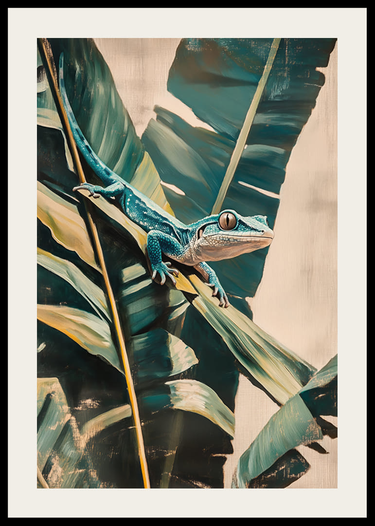 A poster of an exotic lizard slinking across lush leaves-12