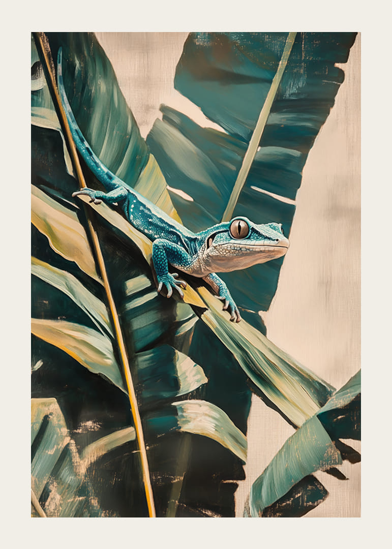 A poster of an exotic lizard slinking across lush leaves-12