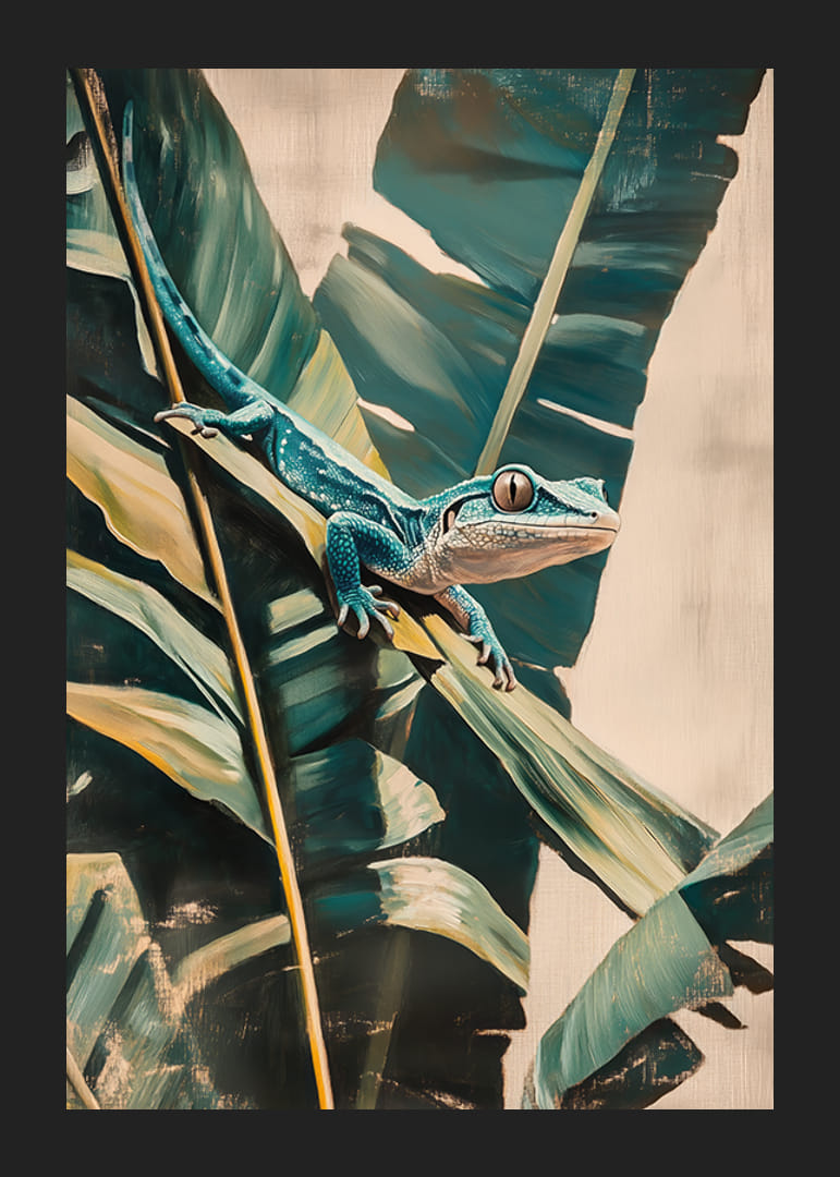 A poster of an exotic lizard slinking across lush leaves-12