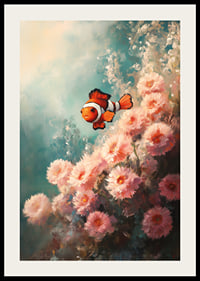 A poster of a vibrant clownfish swimming among soft, flower-like corals-2