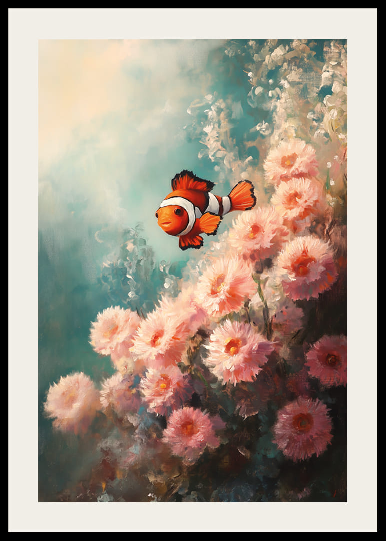 A poster of a vibrant clownfish swimming among soft, flower-like corals-12