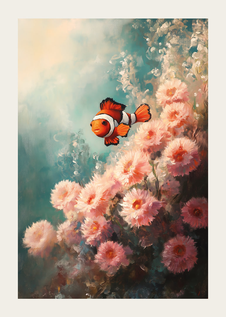 A poster of a vibrant clownfish swimming among soft, flower-like corals-12