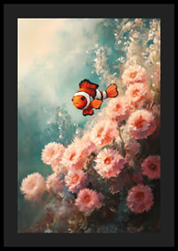 A poster of a vibrant clownfish swimming among soft, flower-like corals-4