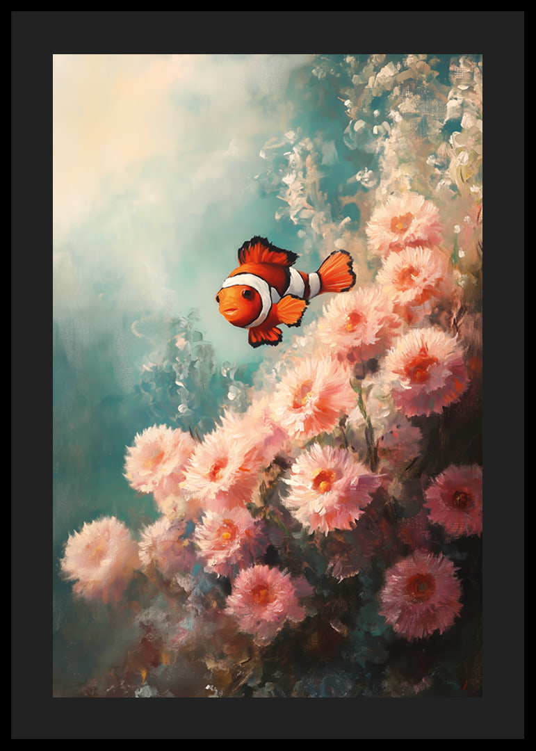 A poster of a vibrant clownfish swimming among soft, flower-like corals-12