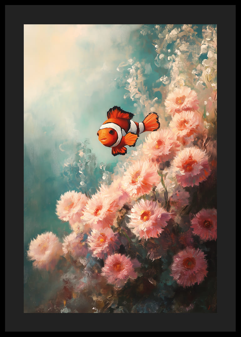 A poster of a vibrant clownfish swimming among soft, flower-like corals-12