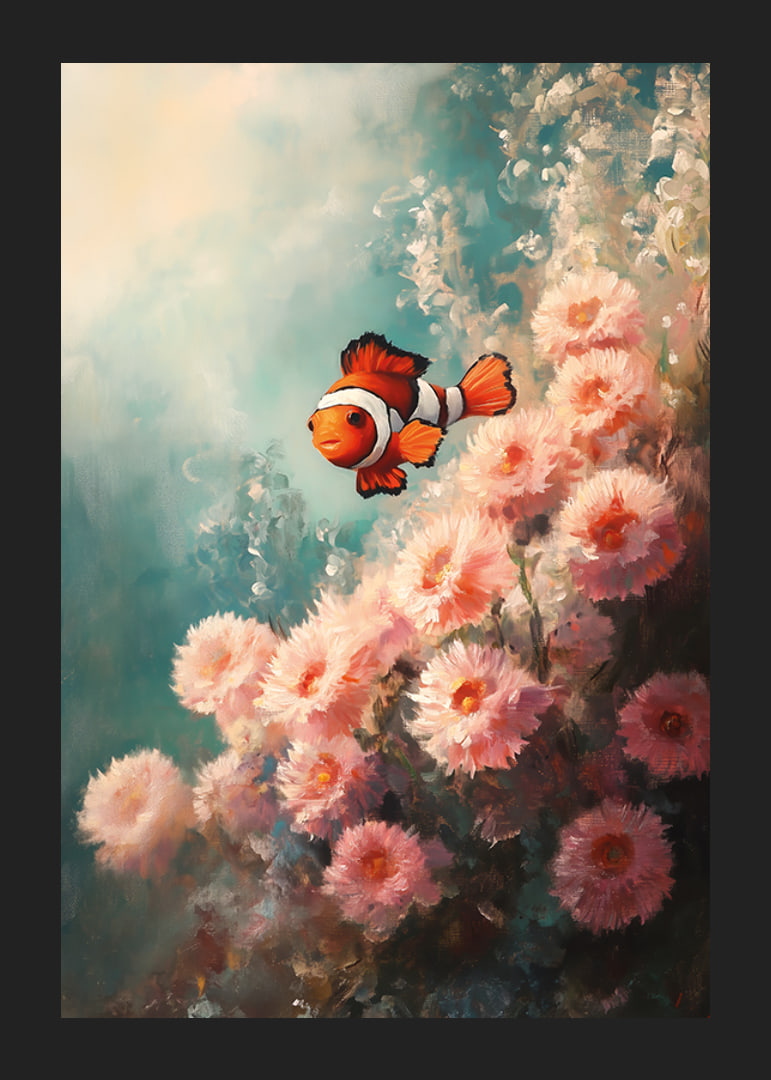 A poster of a vibrant clownfish swimming among soft, flower-like corals-12
