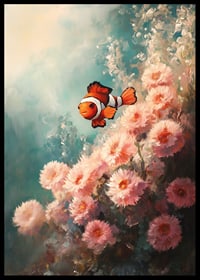 A poster of a vibrant clownfish swimming among soft, flower-like corals-6