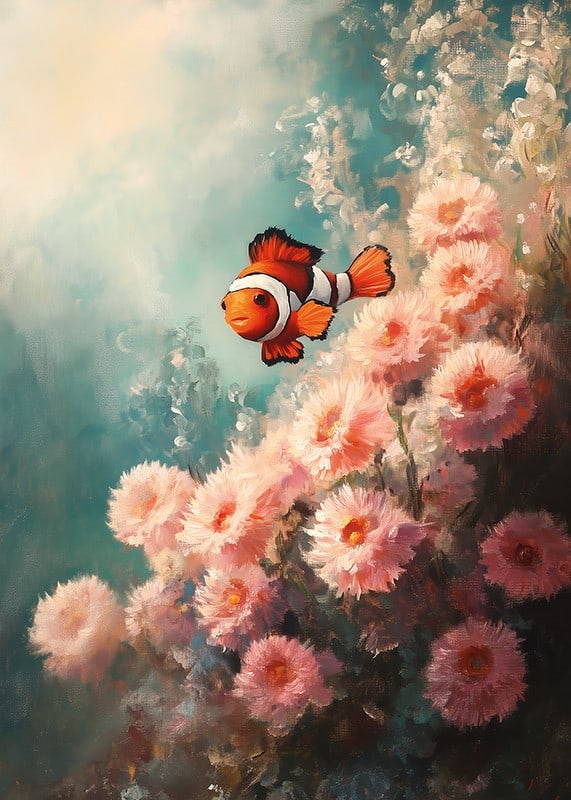 A poster of a vibrant clownfish swimming among soft, flower-like corals-12