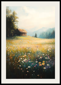En poster av en solbelyst äng fylld med vilda blommor och en charmig timmerstuga-2