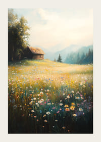 En poster av en solbelyst äng fylld med vilda blommor och en charmig timmerstuga-3