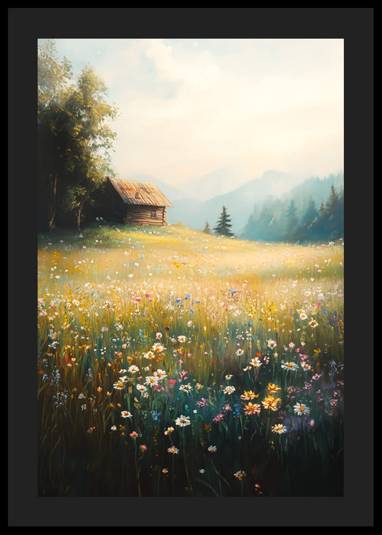 En poster av en solbelyst äng fylld med vilda blommor och en charmig timmerstuga-12