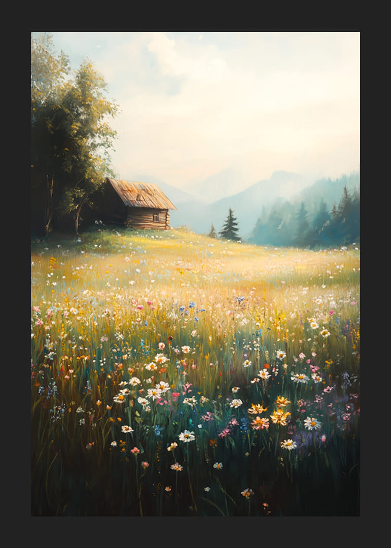 En poster av en solbelyst äng fylld med vilda blommor och en charmig timmerstuga-12