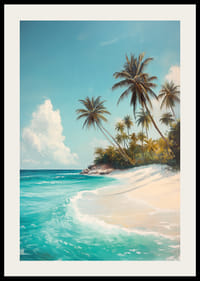 Julisteessa huojuvia palmuja, valkoista hiekkaa ja turkoosia merta-2