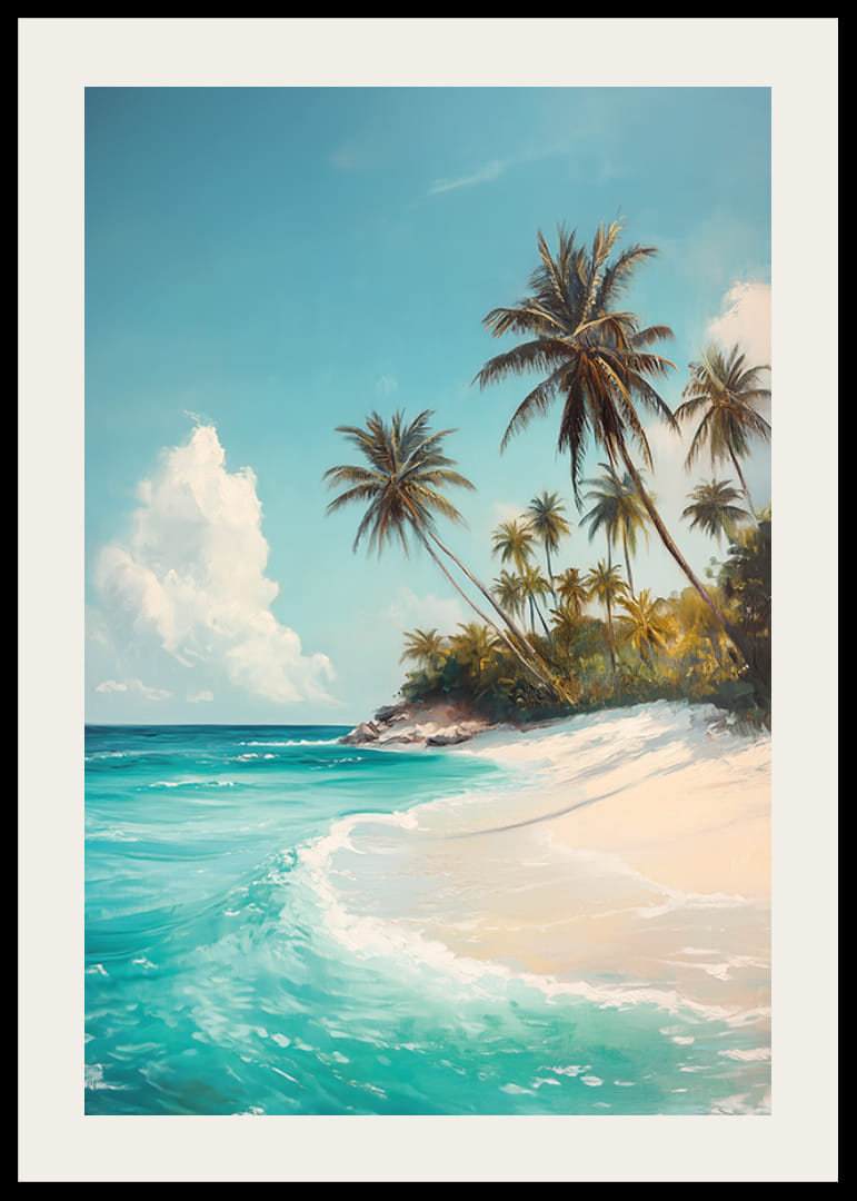 Julisteessa huojuvia palmuja, valkoista hiekkaa ja turkoosia merta-12