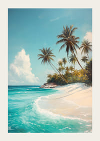 Julisteessa huojuvia palmuja, valkoista hiekkaa ja turkoosia merta-3