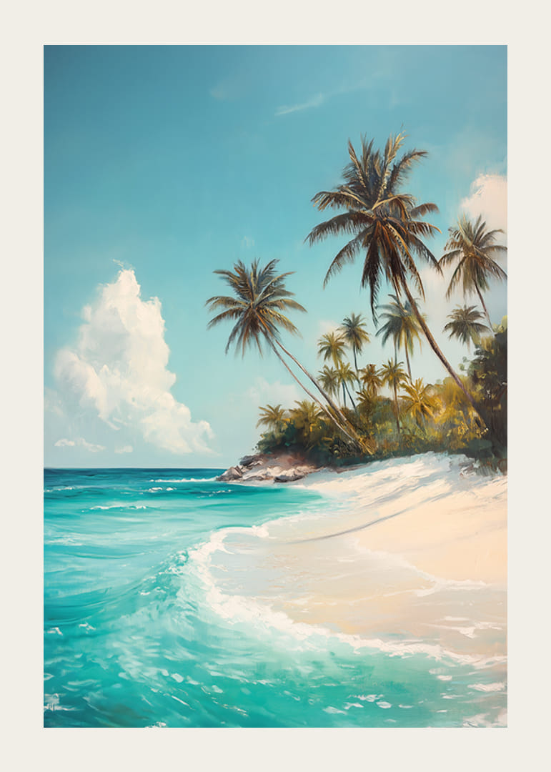 Julisteessa huojuvia palmuja, valkoista hiekkaa ja turkoosia merta-12