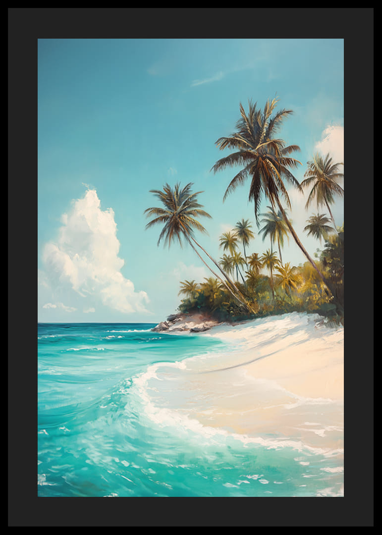 Julisteessa huojuvia palmuja, valkoista hiekkaa ja turkoosia merta-12