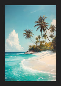 Julisteessa huojuvia palmuja, valkoista hiekkaa ja turkoosia merta-5