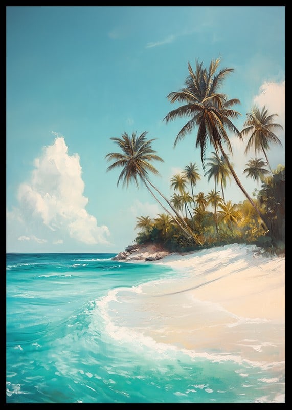 A poster with swaying palm trees, white sand and turquoise sea-12