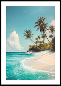 A poster with swaying palm trees, white sand and turquoise sea-0