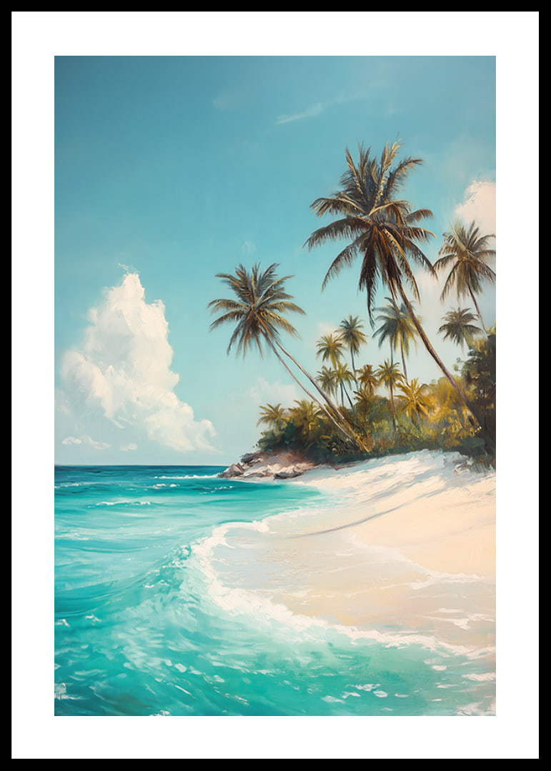 A poster with swaying palm trees, white sand and turquoise sea-12