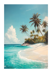 A poster with swaying palm trees, white sand and turquoise sea-1