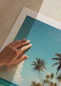 A poster with swaying palm trees, white sand and turquoise sea-9