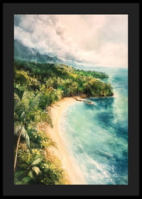 En poster av en gömd tropisk vik där djungel möter kristallklart hav-4