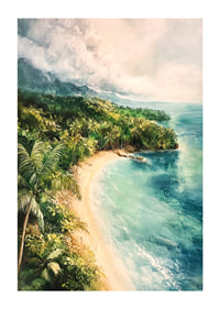 Un poster di una baia tropicale nascosta dove la giungla incontra il mare cristallino-1