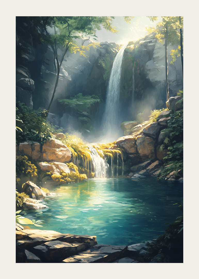 En magisk poster av ett kristallklart vattenfall omgivet av frodig grönska-12