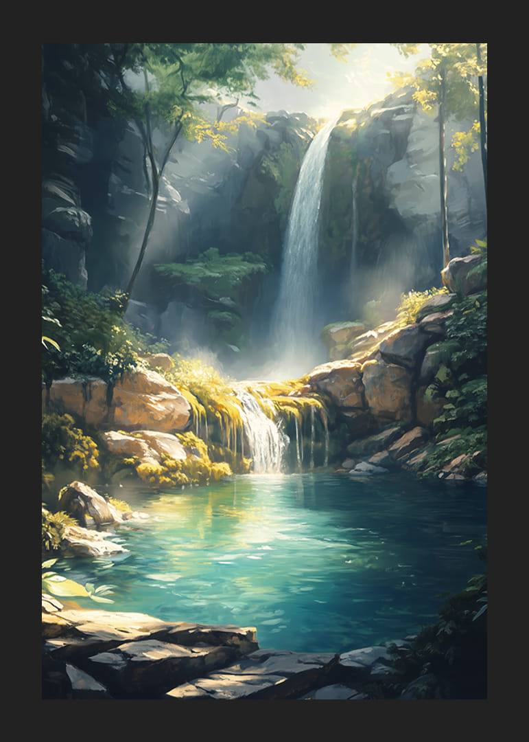 En magisk poster av ett kristallklart vattenfall omgivet av frodig grönska-12
