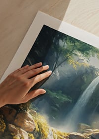 Magický plagát krištáľovo čistého vodopádu obklopeného bujnou zeleňou-9