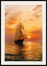 En plakat af et majestætisk sejlskib, der glider hen over havet i solnedgangens varme skær-2