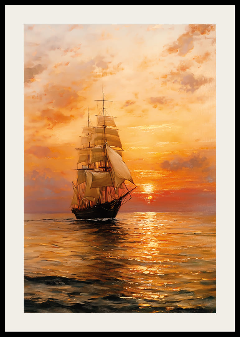 En plakat af et majestætisk sejlskib, der glider hen over havet i solnedgangens varme skær-12