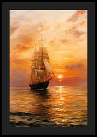 En plakat af et majestætisk sejlskib, der glider hen over havet i solnedgangens varme skær-4