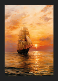 En plakat af et majestætisk sejlskib, der glider hen over havet i solnedgangens varme skær-5