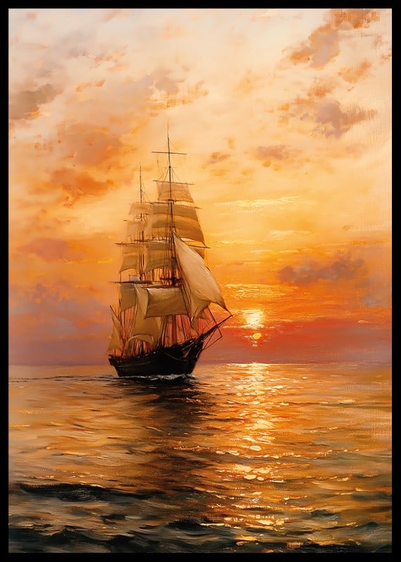 En poster av ett majestätiskt segelfartyg som glider över havet i solnedgångens varma sken-12