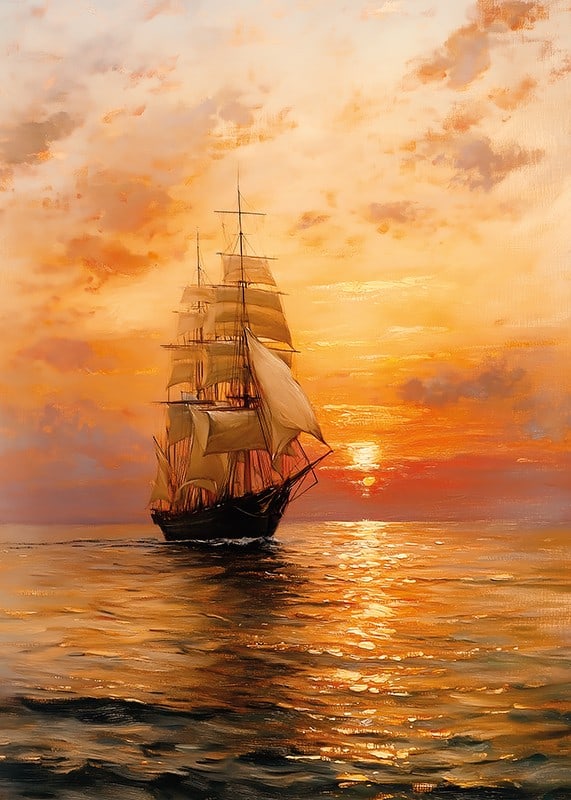 En poster av ett majestätiskt segelfartyg som glider över havet i solnedgångens varma sken-12