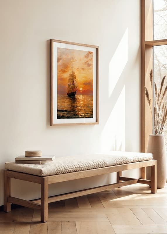 En poster av ett majestätiskt segelfartyg som glider över havet i solnedgångens varma sken-12