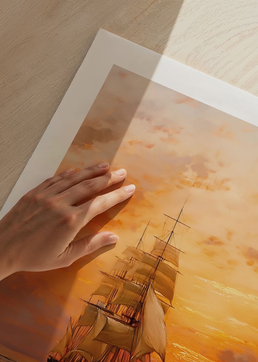 En plakat av et majestetisk seilskip som glir over havet i solnedgangens varme glød-12