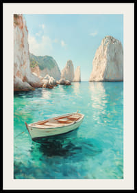 Juliste yksinäisestä veneestä, joka kelluu kristallinkirkkaalla vedellä, majesteettisten kallioiden ympäröimänä-2