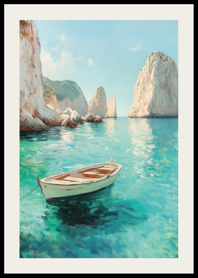 Juliste yksinäisestä veneestä, joka kelluu kristallinkirkkaalla vedellä, majesteettisten kallioiden ympäröimänä-12