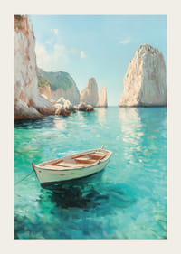 Juliste yksinäisestä veneestä, joka kelluu kristallinkirkkaalla vedellä, majesteettisten kallioiden ympäröimänä-3