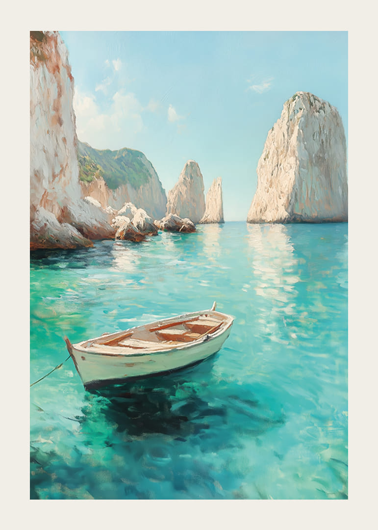 Juliste yksinäisestä veneestä, joka kelluu kristallinkirkkaalla vedellä, majesteettisten kallioiden ympäröimänä-12