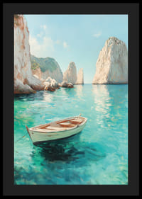 Juliste yksinäisestä veneestä, joka kelluu kristallinkirkkaalla vedellä, majesteettisten kallioiden ympäröimänä-4