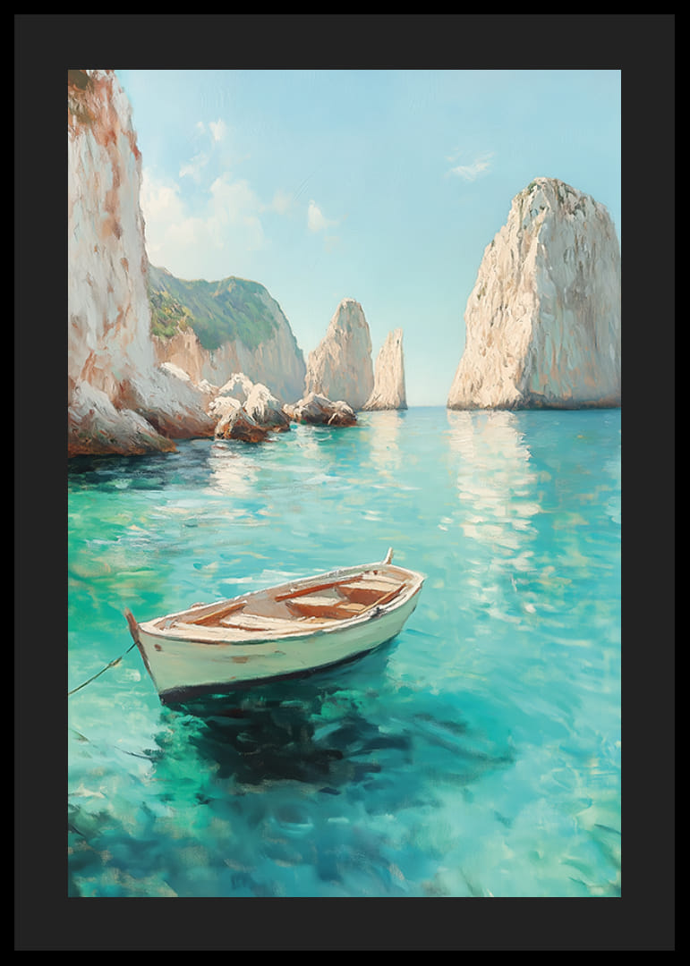 Juliste yksinäisestä veneestä, joka kelluu kristallinkirkkaalla vedellä, majesteettisten kallioiden ympäröimänä-12
